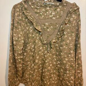 easel Taupe Floral Ruffle Lace V-Neck Blouse